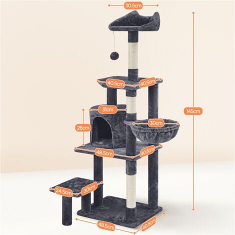 Yaheetech Albero Tiragraffi in Sisal Naturale e Truciolato 48,5 cm × 40,5 cm × 145 cm Torre per Gatti con Posatoio Gioco Condominio Scuro Grigio