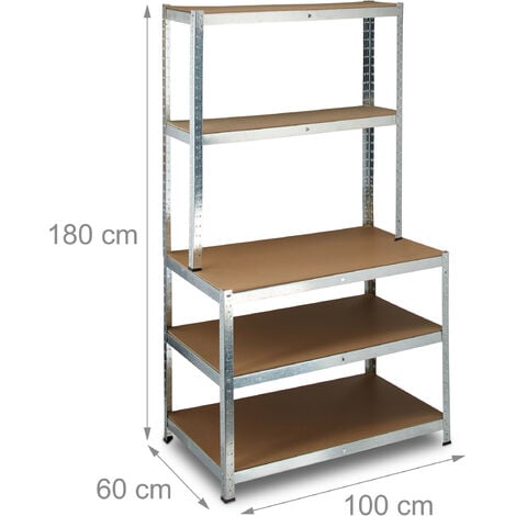 Relaxdays Scaffale in Metallo, Banco Lavoro, Scaffalatura ad Alta Portata 900kg, 5 Ripiani, 180x100x60cm, Garage, Grigio