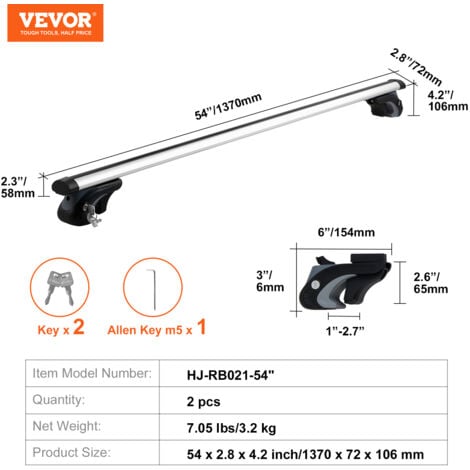 VEVOR Portapacchi da Tetto Universale, 600-800 mm Un Paio di Barre Trasversali in Lega di Alluminio con Serratura Capacita 90 kg per Veicoli con Sponda Laterale, Facile da Installare, Ultra Silenzio