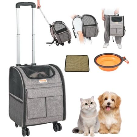 VEVOR Trasportino per Cani e Gatti con Ruote, Zaino per Animali Domestici con Maniglia Telescopica 5 Tasche, Tessuto Oxford 600D Cerniera Autobloccante Capacita di Carico Massima 8,1 kg Colore Grigio