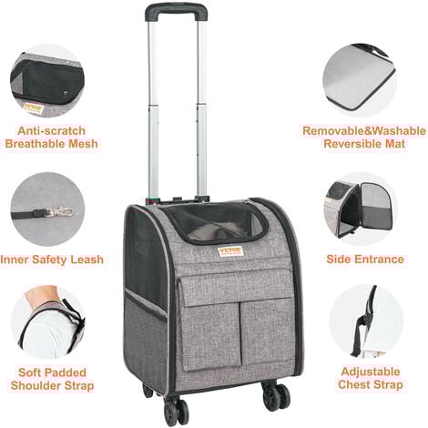 VEVOR Trasportino per Cani e Gatti con Ruote, Zaino per Animali Domestici con Maniglia Telescopica 5 Tasche, Tessuto Oxford 600D Cerniera Autobloccante Capacita di Carico Massima 8,1 kg Colore Grigio