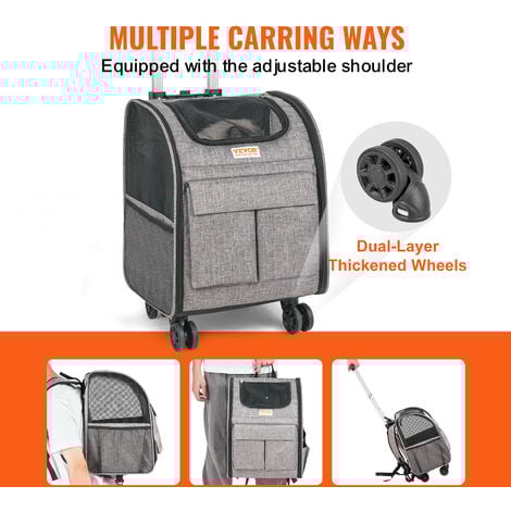 VEVOR Trasportino per Cani e Gatti con Ruote, Zaino per Animali Domestici con Maniglia Telescopica 5 Tasche, Tessuto Oxford 600D Cerniera Autobloccante Capacita di Carico Massima 8,1 kg Colore Grigio