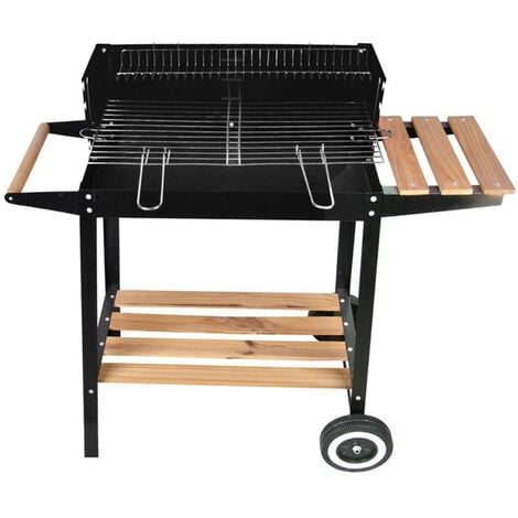 Barbecue rettangolare nero a carbone multifunzione con mensole ripiani in legno e acciaio per giardino terrazzo campeggio
