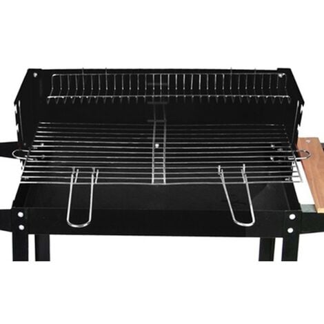 Barbecue rettangolare nero a carbone multifunzione con mensole ripiani in legno e acciaio per giardino terrazzo campeggio