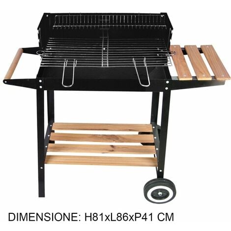 Barbecue rettangolare nero a carbone multifunzione con mensole ripiani in legno e acciaio per giardino terrazzo campeggio
