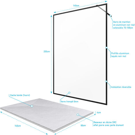 Parete per doccia 140x200cm -Telaio e Barra de supporto Nero Opaco + Piatto 140x80cm -CONTOURING 140