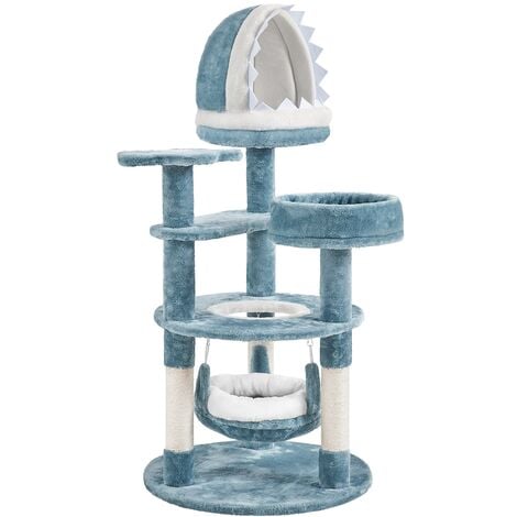 Yaheetech Albero Tiragraffi per Gatti 115 cm con 2 Posatoi Amaca Cuccia a Forma di Squalo Corda di Sisal Naturale Stile Oceano Gioco Blu Bianco