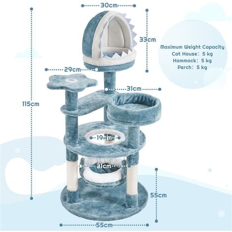 Yaheetech Albero Tiragraffi per Gatti 115 cm con 2 Posatoi Amaca Cuccia a Forma di Squalo Corda di Sisal Naturale Stile Oceano Gioco Blu Bianco