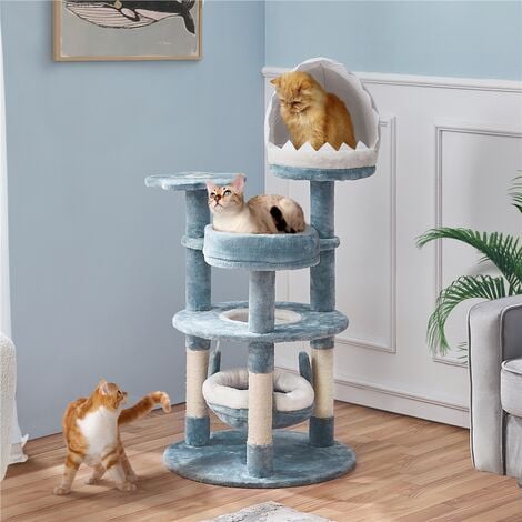 Yaheetech Albero Tiragraffi per Gatti 115 cm con 2 Posatoi Amaca Cuccia a Forma di Squalo Corda di Sisal Naturale Stile Oceano Gioco Blu Bianco