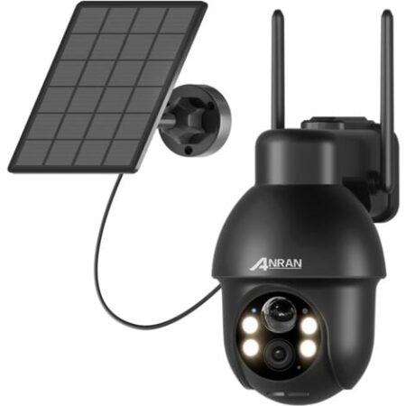 Videocamere di sorveglianza per esterni2K Telecamera WiFi Esterno Senza Fili, 360° Telecamera Pannello Solare AI Rilevazione del Movimento, Audio a 2 Vie, Supporto Alexa, IP65, ANRAN Q3 Nero