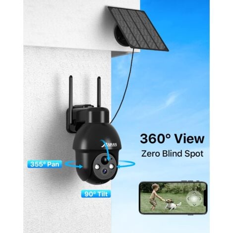 Videocamere di sorveglianza per esterni2K Telecamera WiFi Esterno Senza Fili, 360° Telecamera Pannello Solare AI Rilevazione del Movimento, Audio a 2 Vie, Supporto Alexa, IP65, ANRAN Q3 Nero
