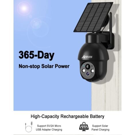 Videocamere di sorveglianza per esterni2K Telecamera WiFi Esterno Senza Fili, 360° Telecamera Pannello Solare AI Rilevazione del Movimento, Audio a 2 Vie, Supporto Alexa, IP65, ANRAN Q3 Nero