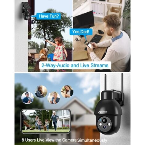 Videocamere di sorveglianza per esterni2K Telecamera WiFi Esterno Senza Fili, 360° Telecamera Pannello Solare AI Rilevazione del Movimento, Audio a 2 Vie, Supporto Alexa, IP65, ANRAN Q3 Nero