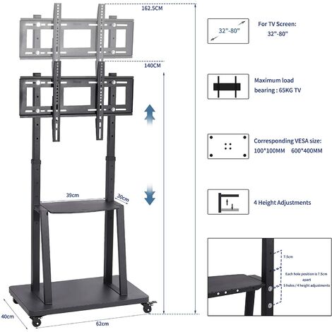 Porta TV Supporto TV con Ruote da Pavimento per Schermi 32-80 Pollici Max VESA 600x400mm Portata Max 65kg