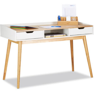 Relaxdays Scrivania, Design Scandinavo, 2 Cassetti, Tavolo Da Ufficio HxLxP: 76 x 120 x 55 cm ca., Legno, Bianco Marrone