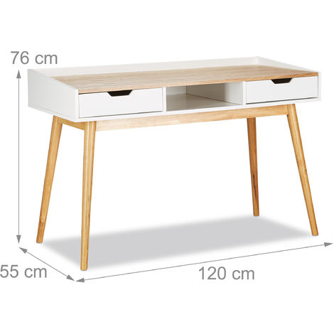 Relaxdays Scrivania, Design Scandinavo, 2 Cassetti, Tavolo Da Ufficio HxLxP: 76 x 120 x 55 cm ca., Legno, Bianco Marrone