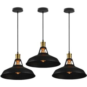 3X Lampada a Sospensione, Vintage Lampada da Soffitto con Paralume in Metallo, Industriale Stile Illuminazione Supporto Edison E27 per Corridoio Cucina Isaland Camera da Letto Scala (Nero)