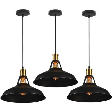 3X Lampada a Sospensione, Vintage Lampada da Soffitto con Paralume in Metallo, Industriale Stile Illuminazione Supporto Edison E27 per Corridoio Cucina Isaland Camera da Letto Scala (Nero)