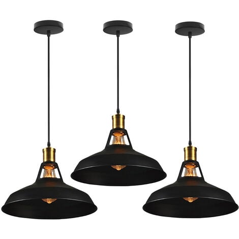 3X Lampada a Sospensione, Vintage Lampada da Soffitto con Paralume in Metallo, Industriale Stile Illuminazione Supporto Edison E27 per Corridoio Cucina Isaland Camera da Letto Scala (Nero)
