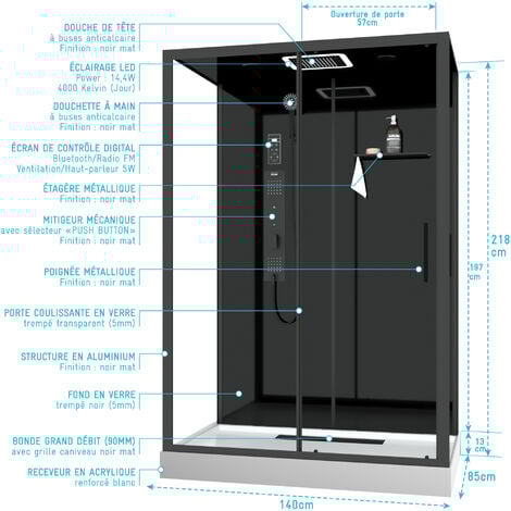 Cabina doccia idromassaggio 140x85x218 cm - Porta scorrevole - Pannelli e Profili Nero opaco