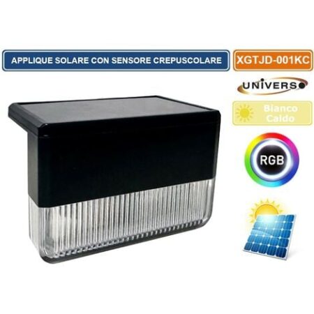 APPLIQUE LAMPADA LED DA ESTERNO CON PANNELLO SOLARE E CREPUSCOLARE COLORE LUCE 3000K + RGB