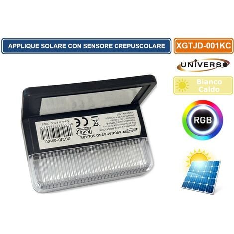 APPLIQUE LAMPADA LED DA ESTERNO CON PANNELLO SOLARE E CREPUSCOLARE COLORE LUCE 3000K + RGB