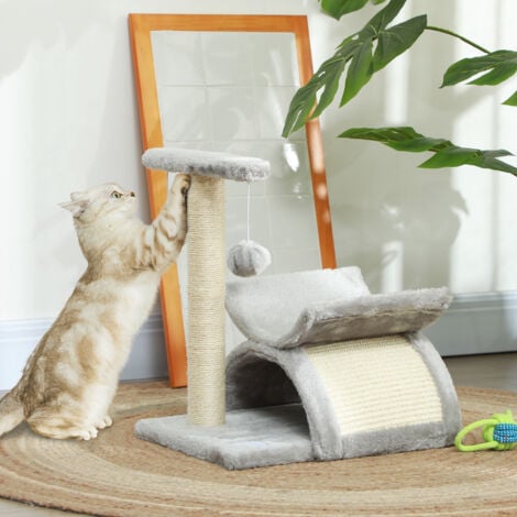 PawHut Tiragraffi per Gatti con Palo Sisal, Cuccia e 2 Palline Peluche Grigio