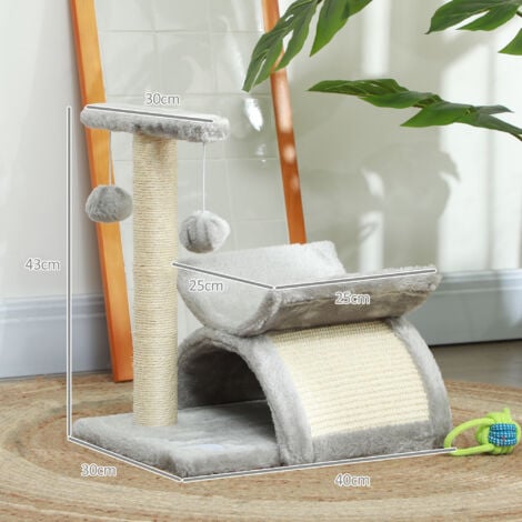 PawHut Tiragraffi per Gatti con Palo Sisal, Cuccia e 2 Palline Peluche Grigio