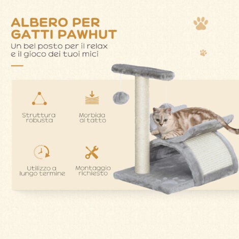 PawHut Tiragraffi per Gatti con Palo Sisal, Cuccia e 2 Palline Peluche Grigio