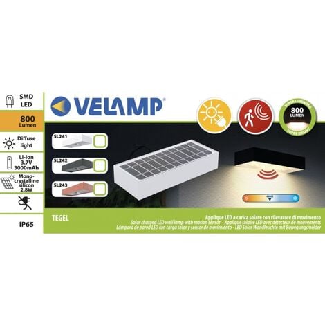 VELAMP APPLIQUE LED A CARICA SOLARE 800 LUMEN, CON RILEVATORE DI MOVIMENTO. BIANCO