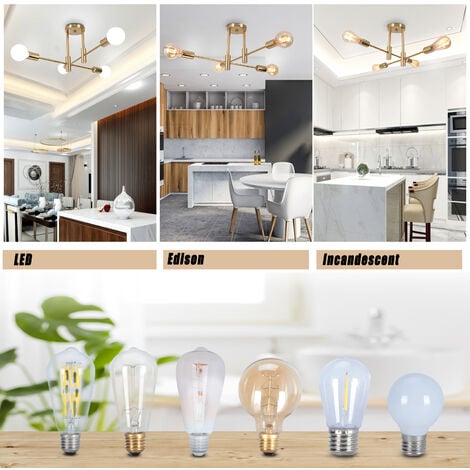 Plafoniera in Metallo E27 Lampada da Soffitto Industriale 4 Prese Edison Lampadario a Sospensione Moderna Illuminazione Interna per Soggiorno Camera da Letto Cafe Rame