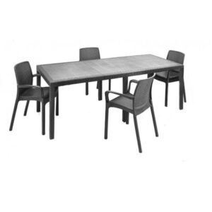 Dmora – Set salotto da esterno Arret, Ripiano allungabile da esterno con 4 sedie, Tavolo e sedute da giardino effetto rattan, 100% Made in Italy, Antracite