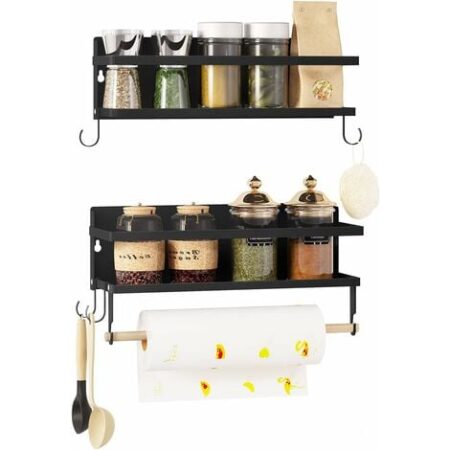 WOLTU Portaspezie Da Cucina In Metallo, Portaspezie Da Cucina Da Parete, Nero