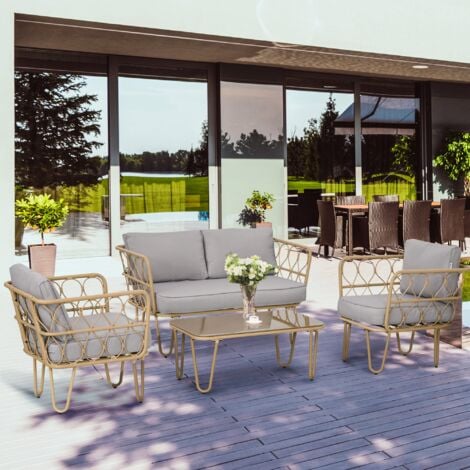 Outsunny Set da Giardino in Rattan con Divanetto, Tavolo e 2 Poltrone Stile Boho