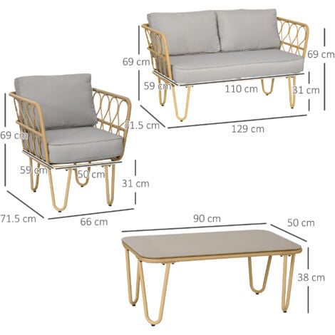 Outsunny Set da Giardino in Rattan con Divanetto, Tavolo e 2 Poltrone Stile Boho