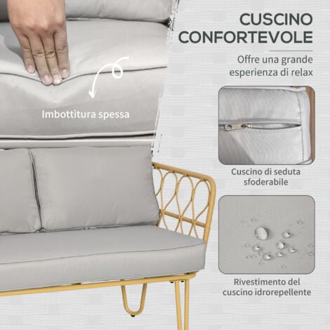 Outsunny Set da Giardino in Rattan con Divanetto, Tavolo e 2 Poltrone Stile Boho