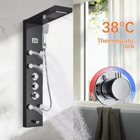 Colonna Doccia Termostatica Nero Multifunzione Pannello Doccia Idromassaggio 304 Acciaio Inox con Soffione Fisso,Massaggi,Doccetta e Bocca Vasca