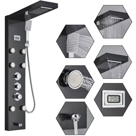 Colonna Doccia Termostatica Nero Multifunzione Pannello Doccia Idromassaggio 304 Acciaio Inox con Soffione Fisso,Massaggi,Doccetta e Bocca Vasca