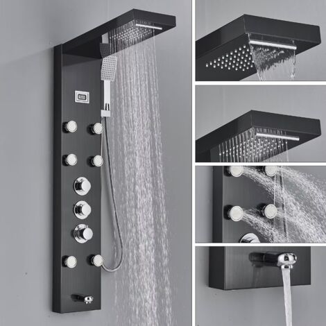 Colonna Doccia Termostatica Nero Multifunzione Pannello Doccia Idromassaggio 304 Acciaio Inox con Soffione Fisso,Massaggi,Doccetta e Bocca Vasca