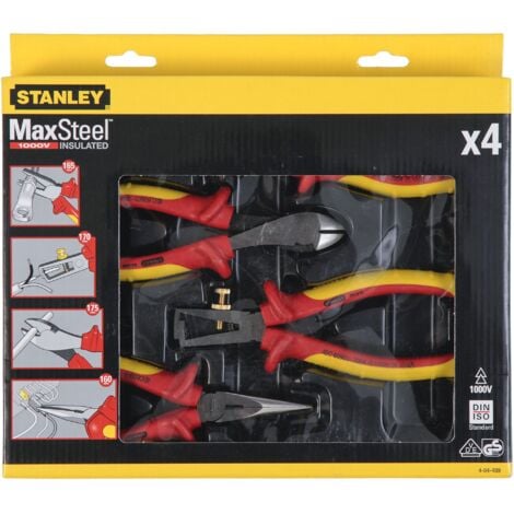Set di 4 pinze - isolate 1000V - universali - taglierina diagonale - naso dritto lungo - spelafili - STANLEY, 4-84-489