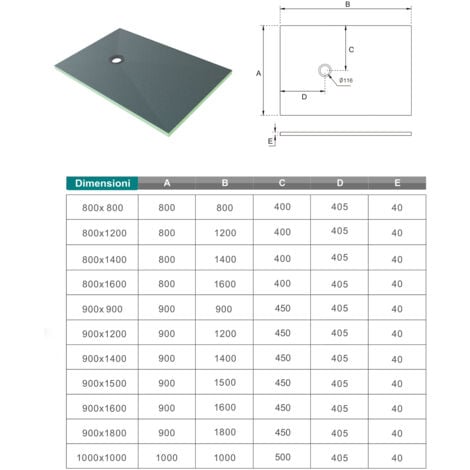 Piatto Doccia da Piastrellare Tagliabile in Estruso Rigida Polistirene Isolamento per Bagno Dimensione 80x160X4 cm Sifone Piletta e Tubo inclusi