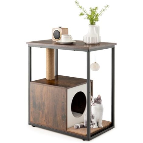 COSTWAY Cuccia per Gatti, Casetta per Gatti con Giocattolo a Palla Pensile e Dispositivo Anti-Ribaltamento, Tavolino Moderno e Multisuo con Case per Gatti, 60 x 36 x 66 cm(Marrone)