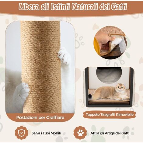 COSTWAY Cuccia per Gatti, Casetta per Gatti con Giocattolo a Palla Pensile e Dispositivo Anti-Ribaltamento, Tavolino Moderno e Multisuo con Case per Gatti, 60 x 36 x 66 cm(Marrone)