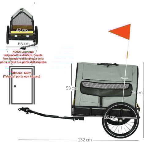 PawHut Rimorchio per Cani 3 in 1 con Bandierina e Casetta Rimovibile Grigio