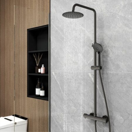 Colonna doccia con miscelatore termostatico, OCEAN Rubinetto Tondo 280x40mm con Soffione Tondo 20x20cm, Saliscendi Doccia Tondo in Acciaio Inox, Nero