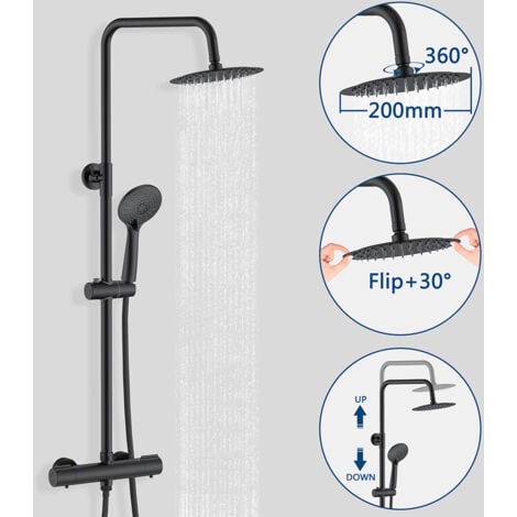 Colonna doccia con miscelatore termostatico, OCEAN Rubinetto Tondo 280x40mm con Soffione Tondo 20x20cm, Saliscendi Doccia Tondo in Acciaio Inox, Nero