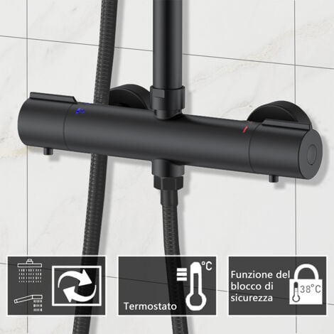 Colonna doccia con miscelatore termostatico, OCEAN Rubinetto Tondo 280x40mm con Soffione Tondo 20x20cm, Saliscendi Doccia Tondo in Acciaio Inox, Nero