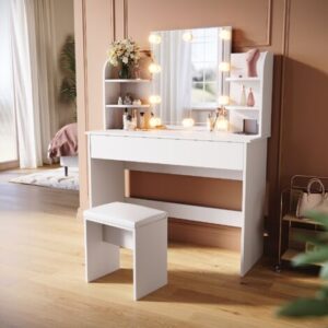 SIRHONA Toeletta con Specchio 108x40x140cm Tavolo da toeletta 
con vanity light a 3 colori e sgabello Moderno Mobile da Trucco – Bianca