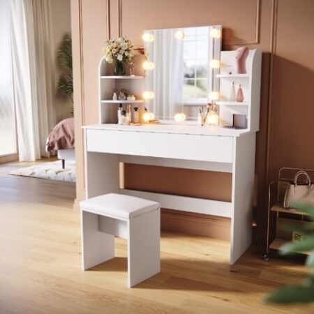 SIRHONA Toeletta con Specchio 108x40x140cm Tavolo da toeletta 
con vanity light a 3 colori e sgabello Moderno Mobile da Trucco - Bianca
