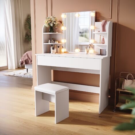 SIRHONA Toeletta con Specchio 108x40x140cm Tavolo da toeletta 
con vanity light a 3 colori e sgabello Moderno Mobile da Trucco - Bianca